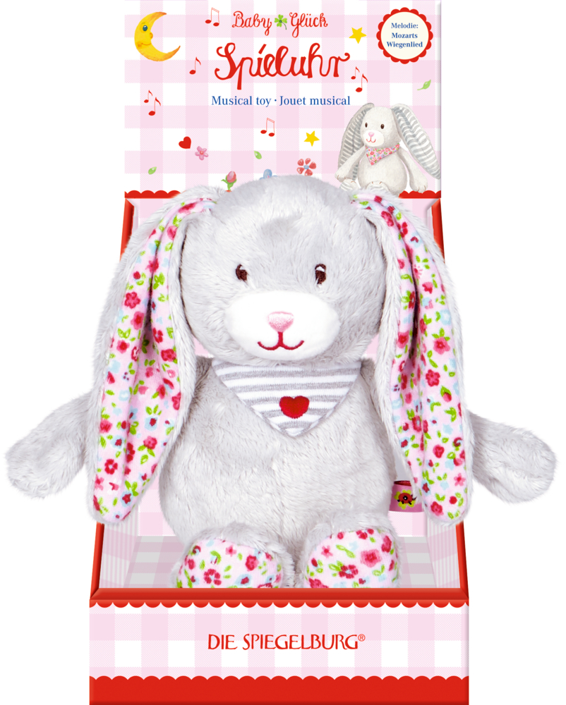 Grauer Plüschhase mit langen Blumenohren und Herzlätzchen sitzt in einer verzierten Pappschachtel.