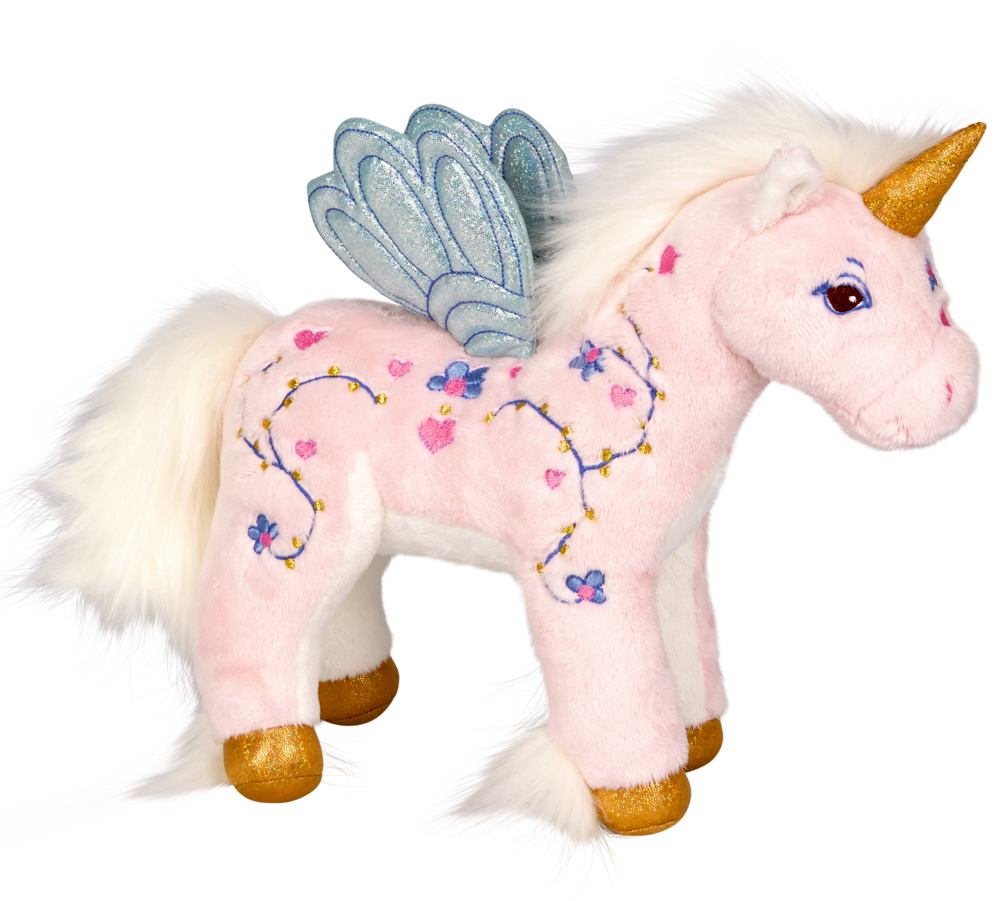 Rosa Plüsch-Einhorn mit goldenem Horn, blauen Flügeln und bunten gestickten Mustern auf dem Körper.