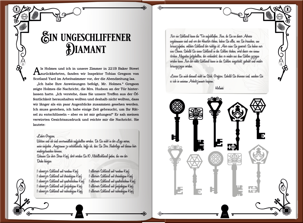 Eine Buchseite mit verzierten Rändern, Vintage-Schlüsseln und dekorativem schwarzweißem Text und Grafiken.