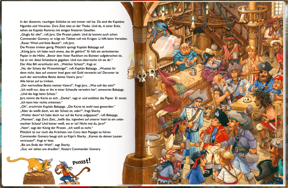 Piraten essen, trinken und singen in einem vollen Essenssaal; eine Katze faucht einen Affen an.