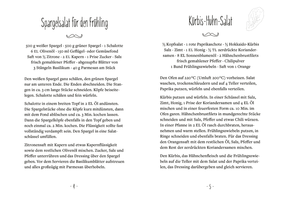 Zwei Rezeptseiten mit den Titeln Spargelsalat für den Frühling und Kürbis-Huhn-Salat.