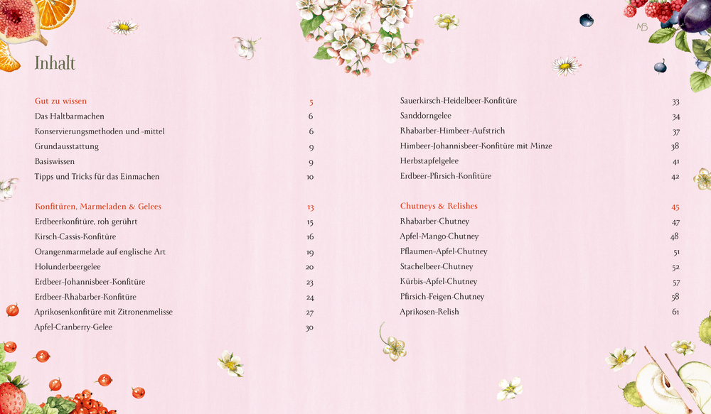 Pinkes Inhaltsverzeichnis eines Kochbuchs für Marmelade und Eingemachtes, verziert mit Illustrationen von Obst und Blumen.