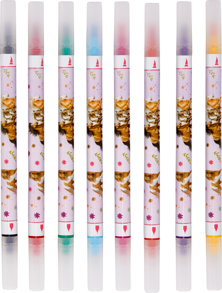 Acht doppelseitige Stifte mit Pferdemotiven, vertikal in einer Reihe angeordnet.