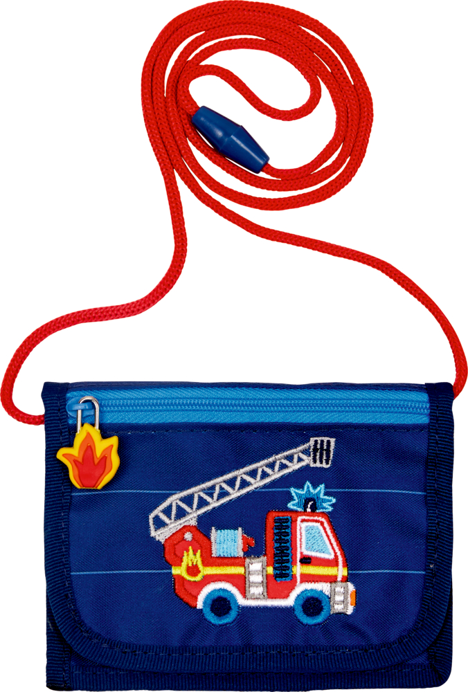 Brustbeutel Feuerwehr (Wenn ich mal groß bin) Blaue Geldbörse mit Feuerwehrauto-Design, blauem Reißverschluss, rotem Umhängeband und einem gelben Flammenanhänger.