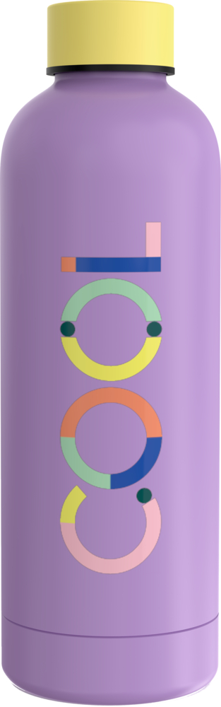 Isolierflasche, flieder - TO GO (ca. 0,5 l)  Lila Isolierflasche mit der Aufschrift „Cool“ in bunten geometrischen Buchstaben an der Seite und einem gelben Deckel.