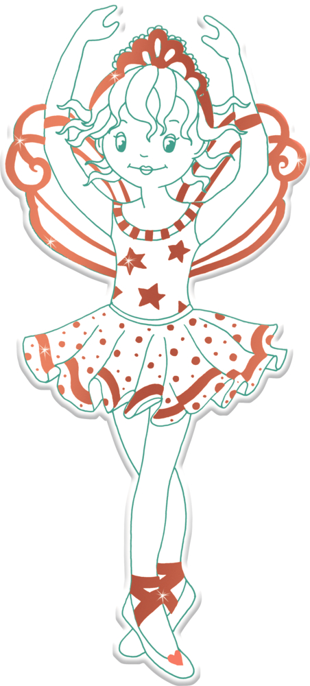 Ballerina im Tutu, auf Spitze, die Arme erhoben, Kleidung mit Sternen und Punkten.