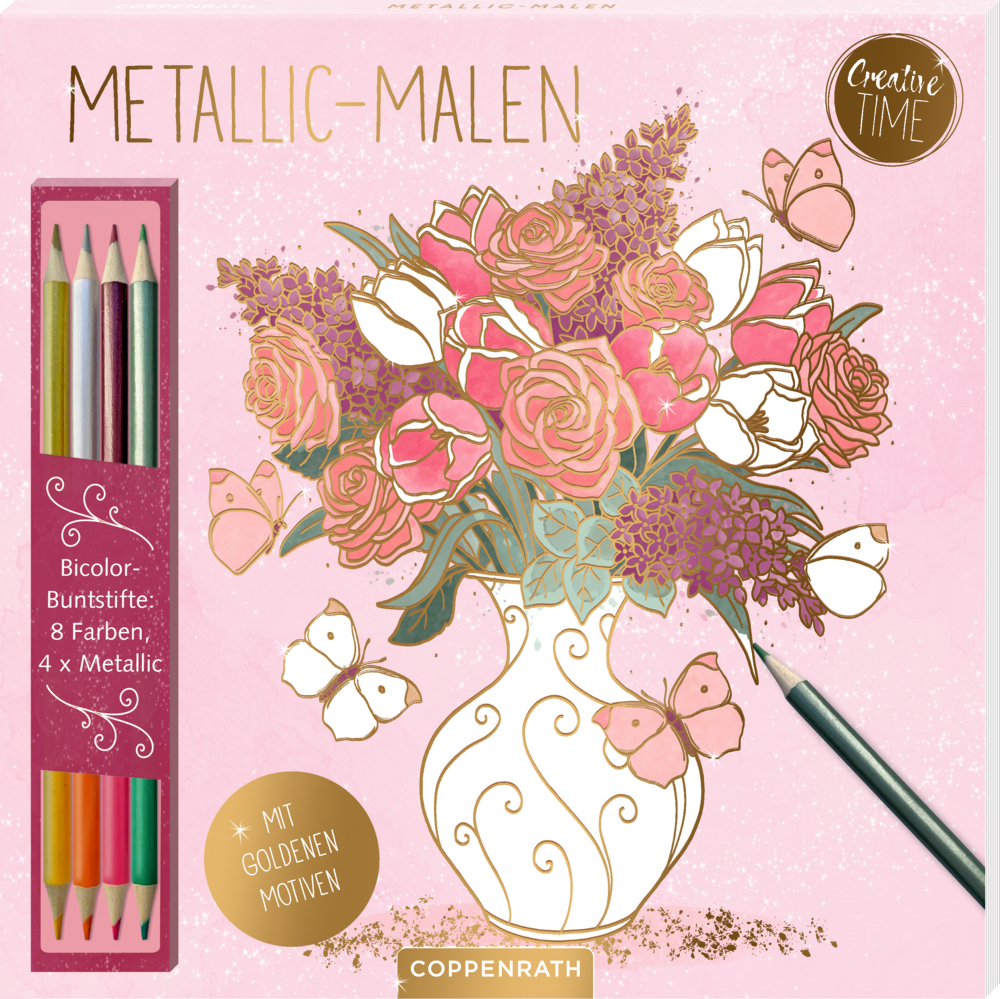 Metallic-Malen (Garden Glory) - Creative Time Rosafarbene Außenansicht des Malblocks mit dem Motiv: Blumenvase, sowie goldenen Akzenten und Schmetterlingen und pinkfarbener Umverpackung der metallischen Buntstifte.
