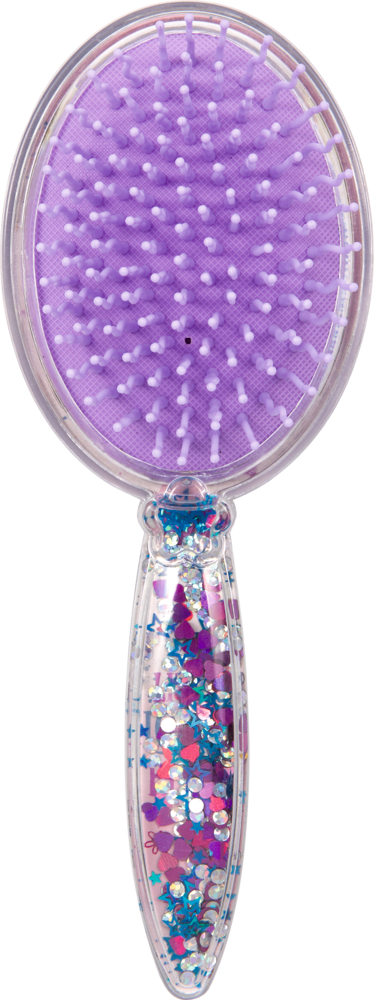 Transparente Haarbürste mit violettem Borstenkissen und buntem Glitzer im Griff.