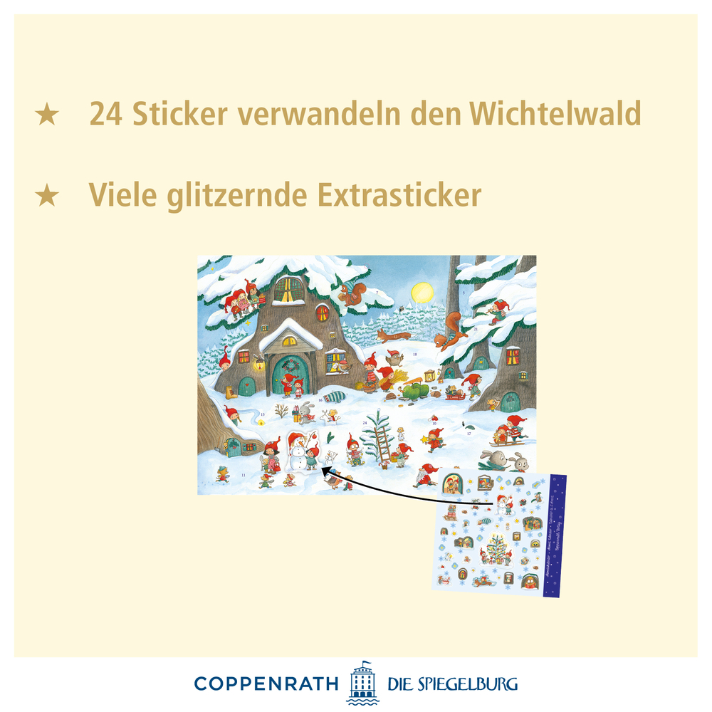 Winterlandschaft: Wichtel und Tiere; Einschub zeigt Stickerbogen. Beschreibungs-Text oben.