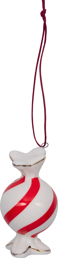 Weiße Anhängerfigur in Bonbonform mit roten Spiralen und goldenen Rändern, befestigt an roter Kordel.