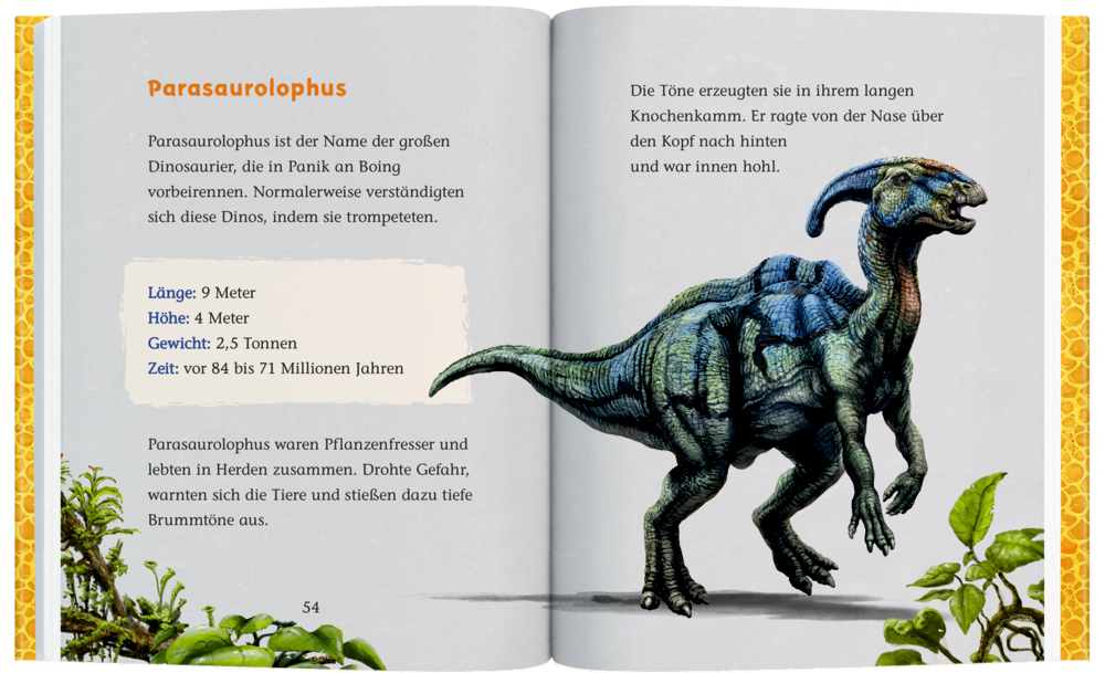 Doppelseite: Parasaurolophus steht auf Gras, Text und Fakten über ihn befinden sich auf beiden Seiten.