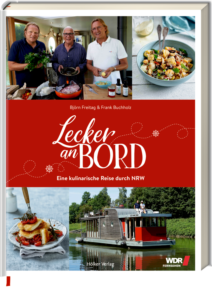 Buchcover „Lecker an Bord“: Köche, Gerichte und ein Hausboot auf einem Fluss, mit rot-weißem Design.