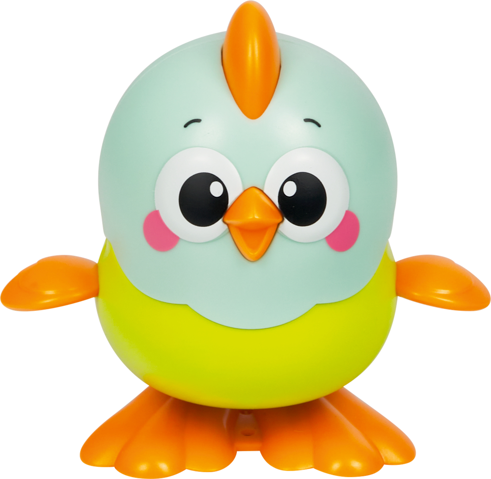 Gelbe Spielzeugente mit orangen Flügeln, Schnabel und Füßen sowie rosa ovaler Fläche auf dem Bauch.