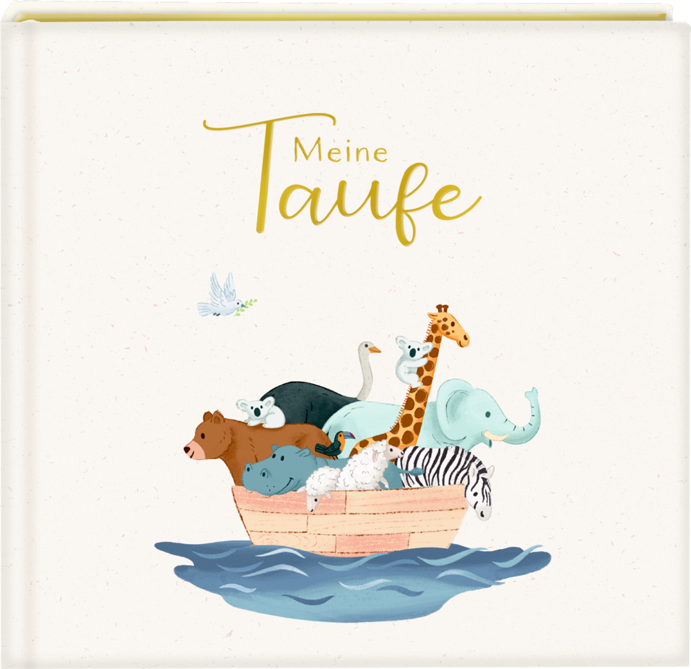 Eintragalbum - Meine Taufe (Arche Noah) Cover des Taufalbums: Arche Noah mit Tieren und „Meine Taufe“ auf weißem Buchdeckel.