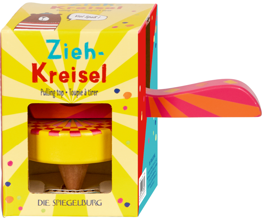 Zieh-Kreisel-Spielzeug in einer gelben Schachtel mit Sichtfenster.