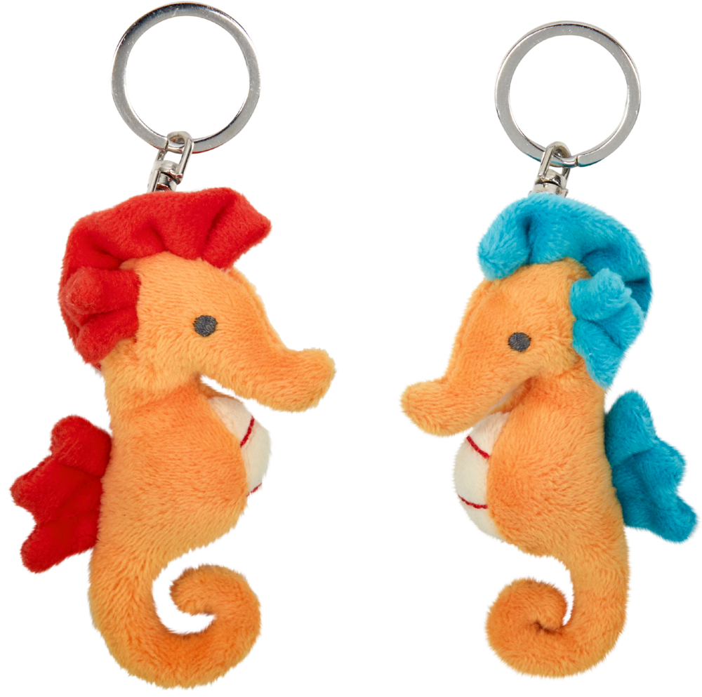 Seepferdchen-Anhänger - Bunte Geschenke Zwei plüschige Seepferdchen-Schlüsselanhänger, einer mit roten und einer mit blauen Akzenten, stehen einander gegenüber.