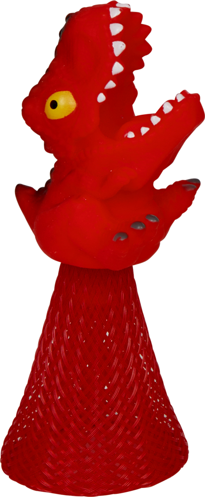 Rotes Dinosaurierspielzeug mit offenem Maul auf einer roten kegelförmigen Basis.