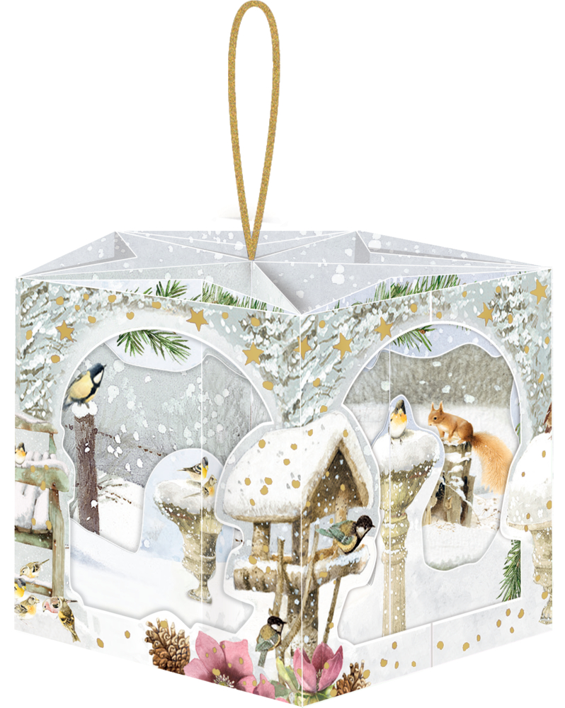 Sechseckiger Papieranhänger mit Wintermotiv, Vögeln, Vogelhaus, Eichhörnchen und goldener Aufhängeschlaufe.
