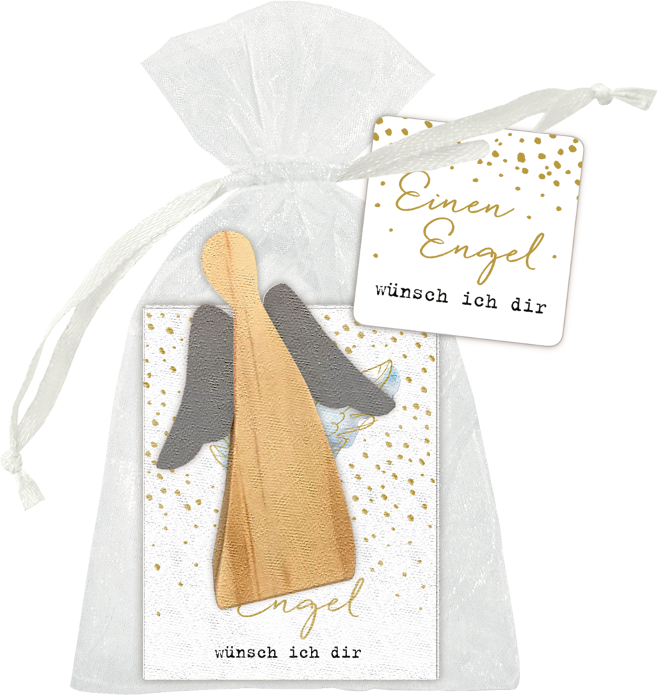 Holzengel - Einen Engel wünsch ich dir Weißer Organza-Geschenkbeutel mit Holzengel, Heftchen mit goldenen Punkten und Text: „Einen Engel wünsch ich dir“.