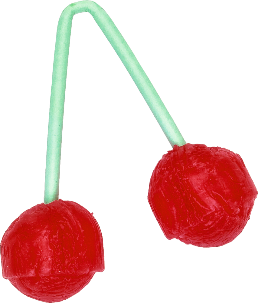 Doppel-Kirschlollies Bunte Geschenke Zwei leuchtend rote Zuckerkirschen mit grünem Stiel.