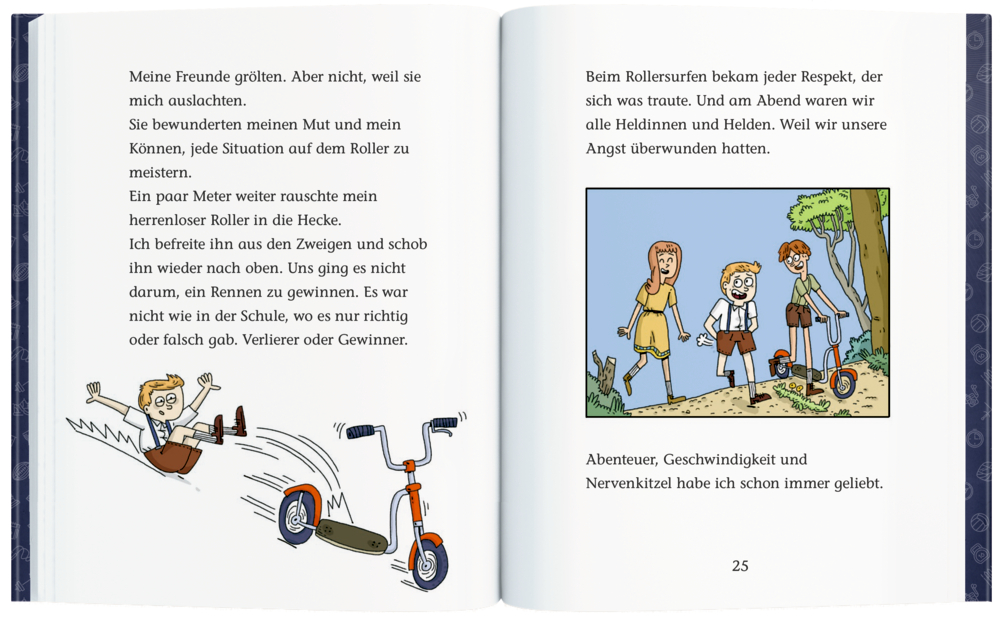 Linke Buchseite mit gezeichnetem Jungen, der vom Roller fällt und rechte Seite mit weiteren Kindern, die den Roller schieben.