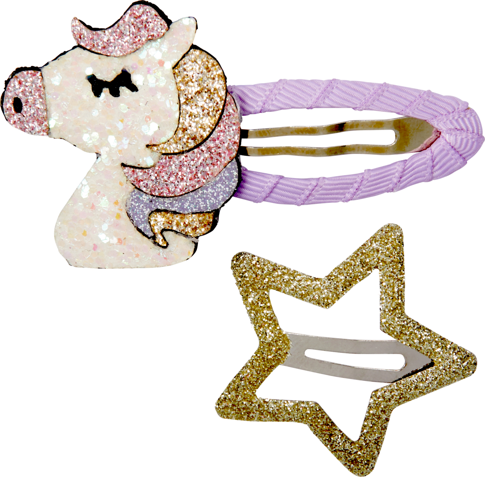 Glitzernde Haarspangen in Pferdeform und als goldener Stern auf weißem Hintergrund.