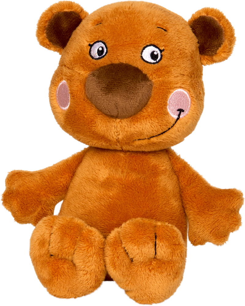 Plüschfigur Bär Bruno Die Lieben Sieben Ein lächelnder brauner Plüschteddybär mit großen Augen, rosa Wangen und einer großen runden Nase.