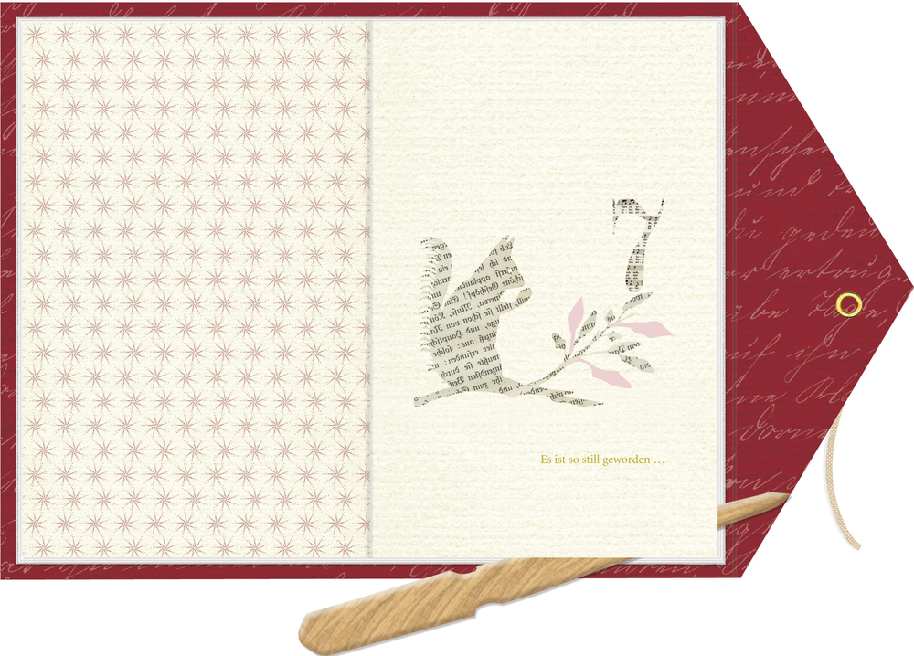 Geöffnete Buchseite mit rotem Rand, floralem Design und dem Text: Es ist so still geworden ...