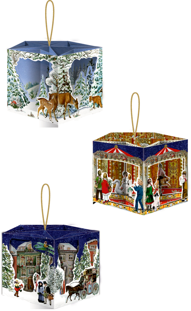 Drei fÃ¼nfeckig gefaltete PapieranhÃ¤nger mit nostalgisch weihnachtlichen Illustrationen.