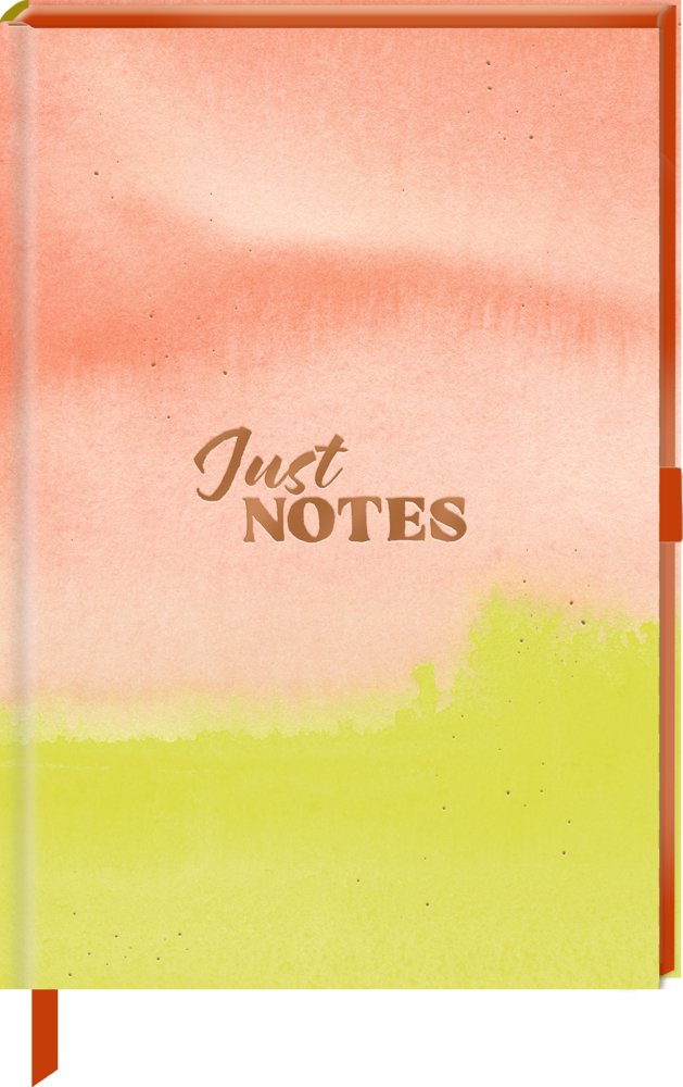 Notizbuch mit pfirsichgelbem Aquarell-Einband und der Aufschrift „Just NOTES“ auf der Vorderseite.