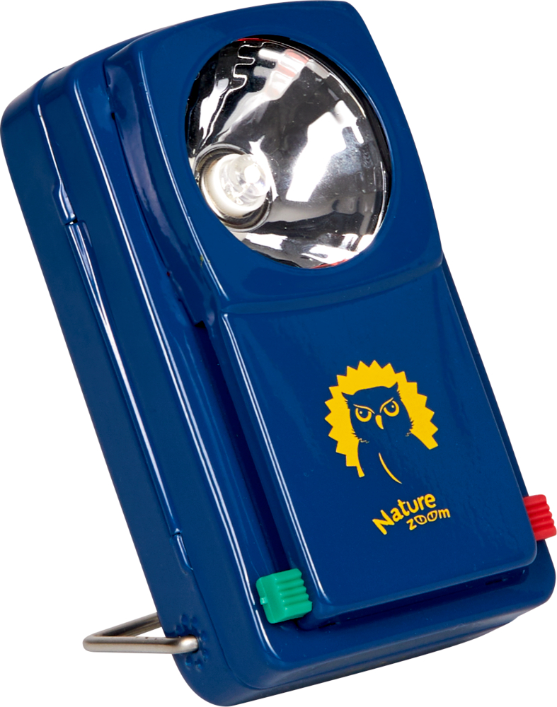 Blaue, rechteckige Lampe mit Eulenlogo und Metallständer an der Unterseite.