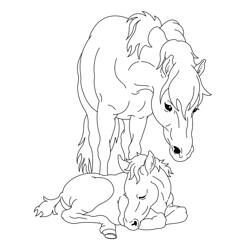 Ausmalseite eines Pferdes mit einem Fohlen.