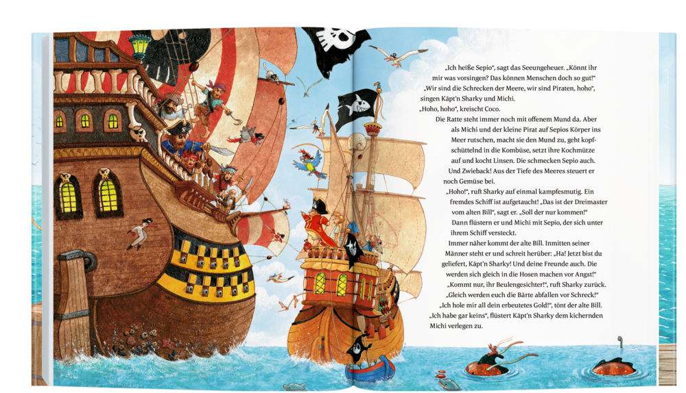 Zwei Piratenschiffe auf See, Piraten klettern an Seilen, schwingen Schwerter und zeigen die Piratenflagge, auf einer Doppelseite mit Text.