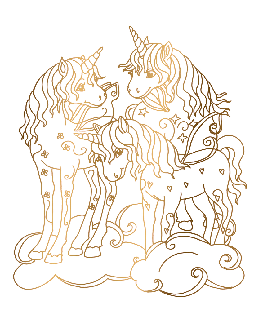 Goldene Umrisslinie von drei Einhörnern mit langen Mähnen und Mustern, die nebeneinander auf Wolken stehen.