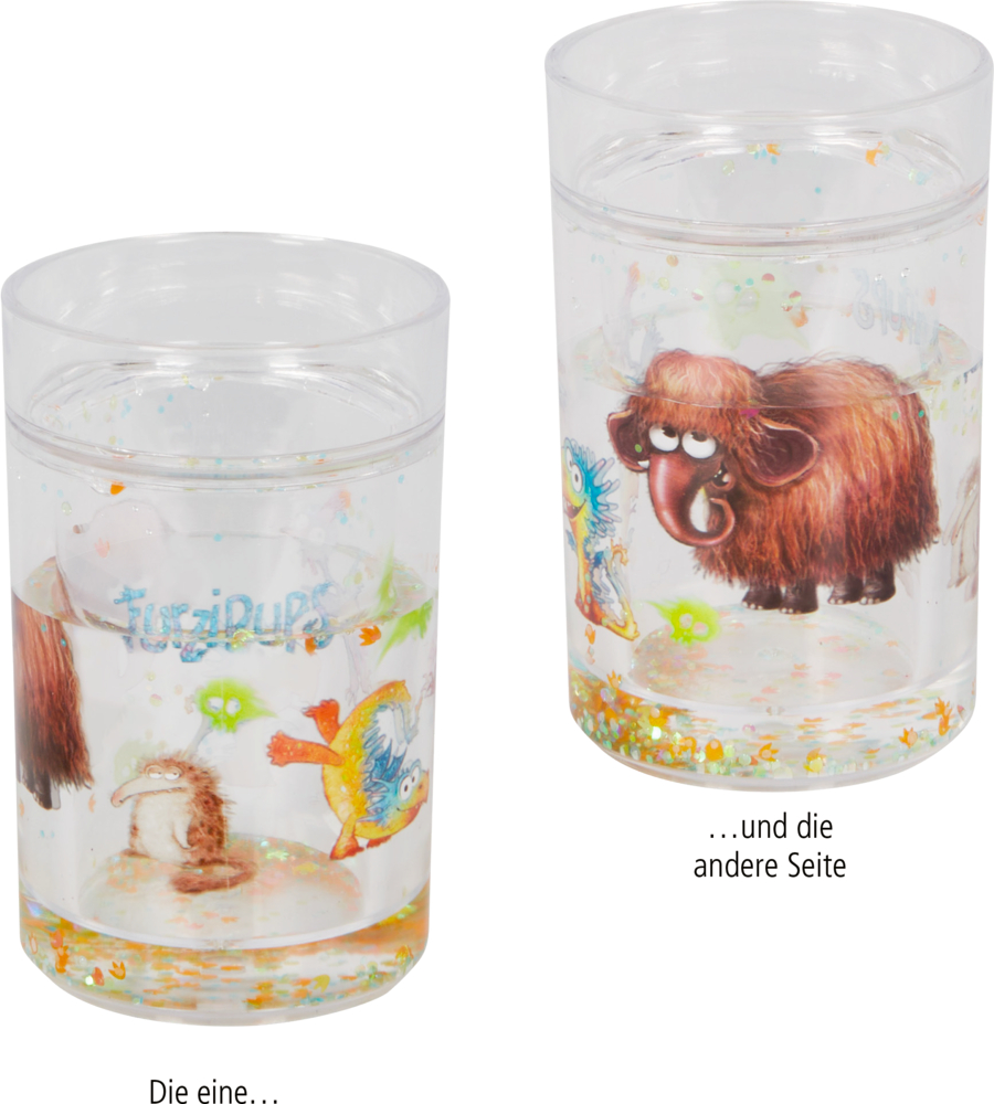 Zwei durchsichtige Becher mit Glitzer und bunten Cartoon-Tieren im Inneren. Auf den Bechern ist deutscher Text zu sehen.