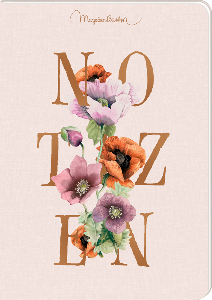 Notiheftumschlag mit „NOTIZEN“ in fetten Buchstaben, zentriert und umgeben von farbenfrohen Blumendekorationen.