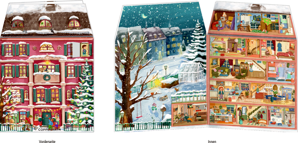 Rotes Haus im Schnee mit Weihnachtsbaum und geöffnetem Fenster; innen mehrstöckiges Puppenhaus mit eingerichteten Zimmern.