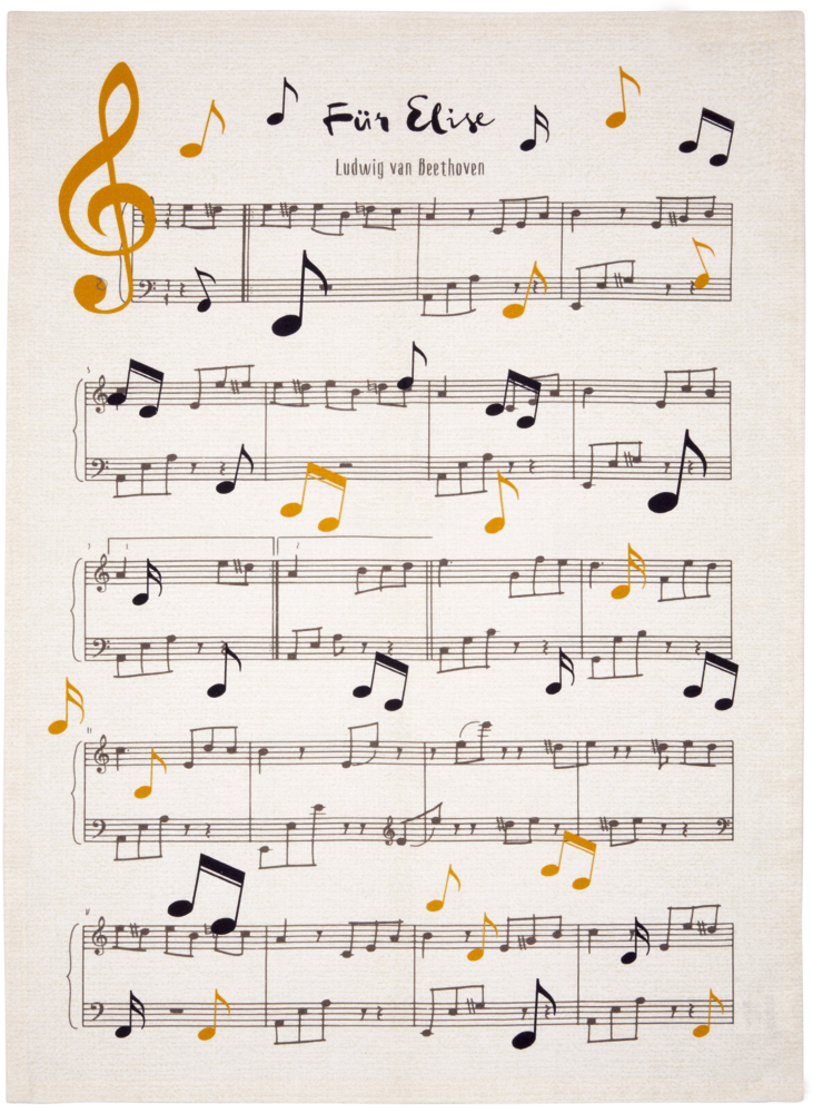 Geschirrtuch Für Elise - All about music Notenblatt für „Für Elise“ von Beethoven als Geschirrtuch mit großem Violinschlüssel und verstreuten bunten Noten.