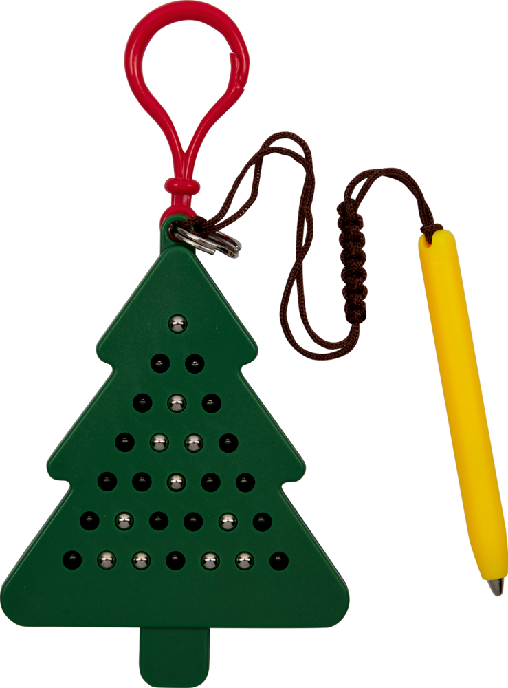 Dunkelgrünes Tannenbaum-förmiges Magnetspiel mit silbernen Kugeln, roter Schlaufe und gelbem Magnetstift an brauner Schnur.