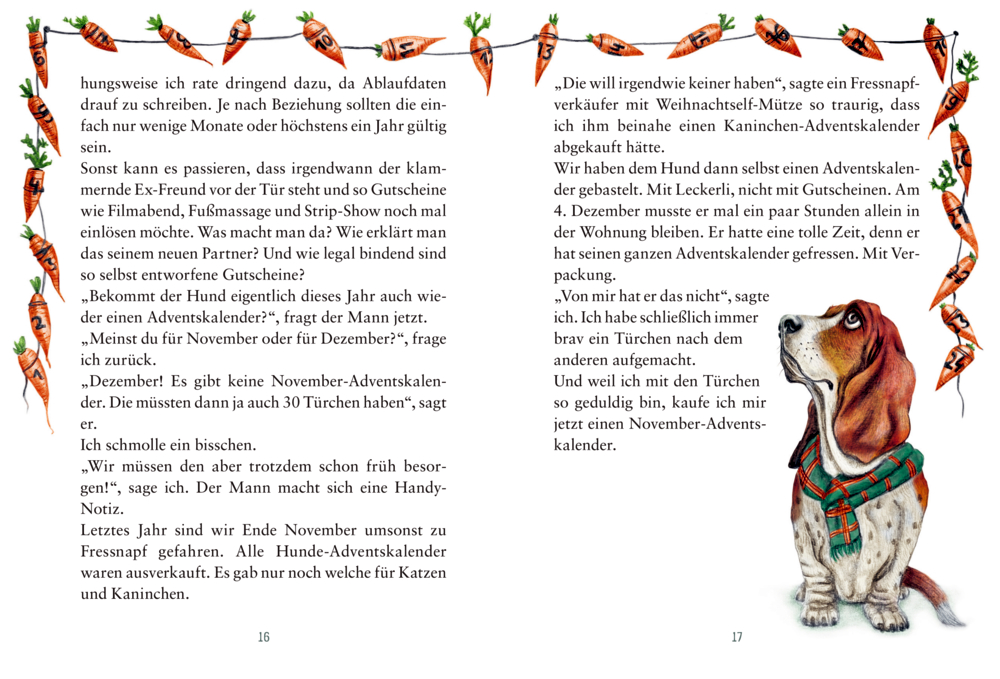 Ein Bilderbuch zeigt einen traurigen Hund mit rotem Schal unter Karotten-Girlanden und Text auf beiden Seiten.