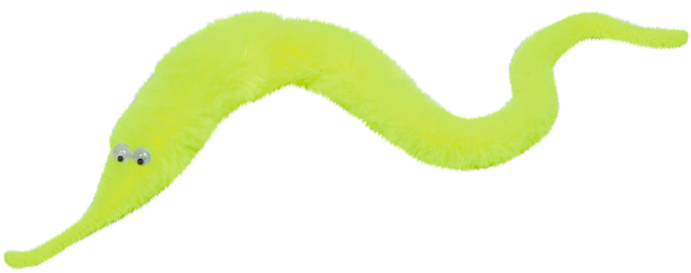 Ein flexibles, gebogenes gelbes Wurmspielzeug mit Wackelaugen und einem flauschigen Körper.