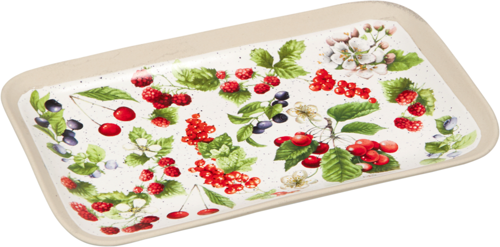 Rechteckiges weißes Tablett mit Illustrationen verschiedener Beeren und grünen Blättern.