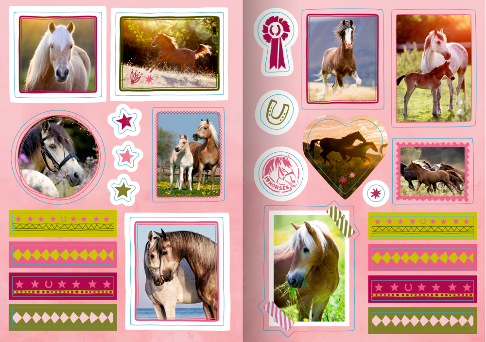Collage von Pferden und Fohlen im Freien, akzentuiert mit bunten Rändern und dekorativen Aufklebern.