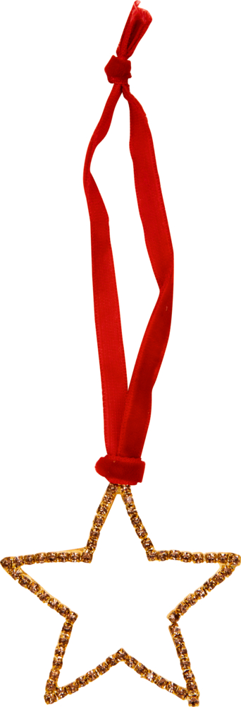 Goldener Metallstern mit rotem Band.