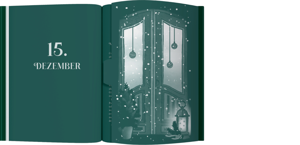Geöffnete Buchseite mit der Aufschrift „15. Dezember“ und Illustration einer verschneiten Tür mit Weihnachtskugeln, Baum und Laterne.