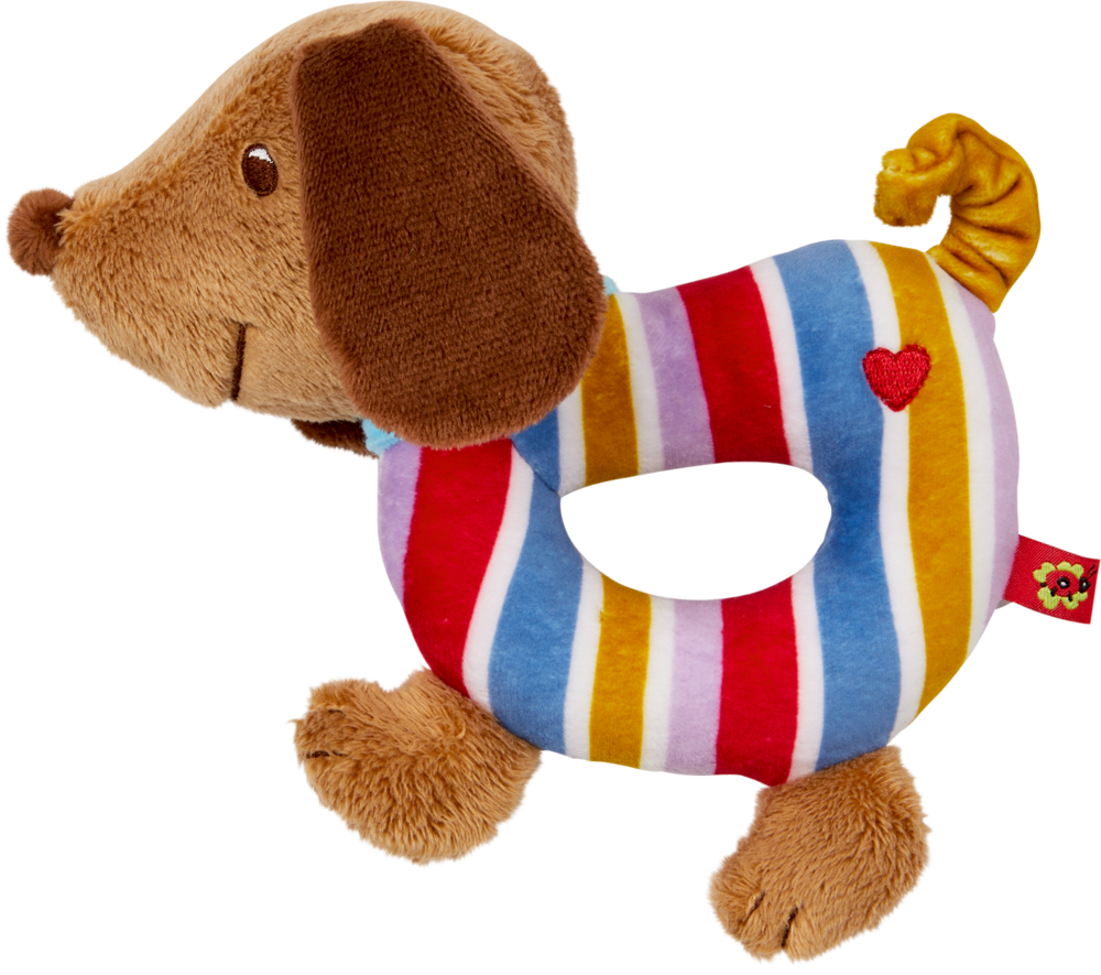 Ringrassel Dackel - BabyGlück Plüsch-Hundespielzeug mit braunen Schlappohren, rot/blau/gelb/weiß gestreiftem Körper mit Loch und einem kleinen roten Herzen.