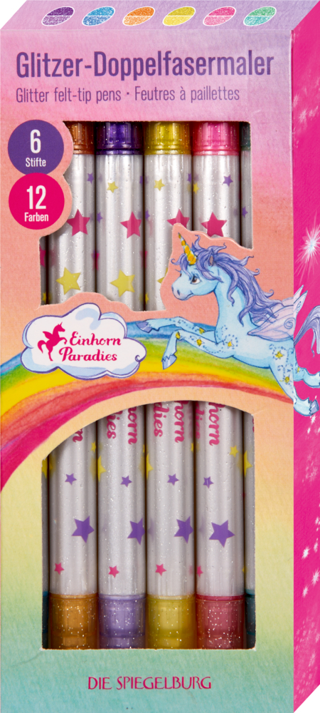 Glitzer-Doppelfasermaler - Einhorn-Paradies Schachtel mit sechs Einhorn-Glitzer-Doppelfasermalern, verpackt in einer Schachtel mit Regenbogen- und Einhorn-Bildern.