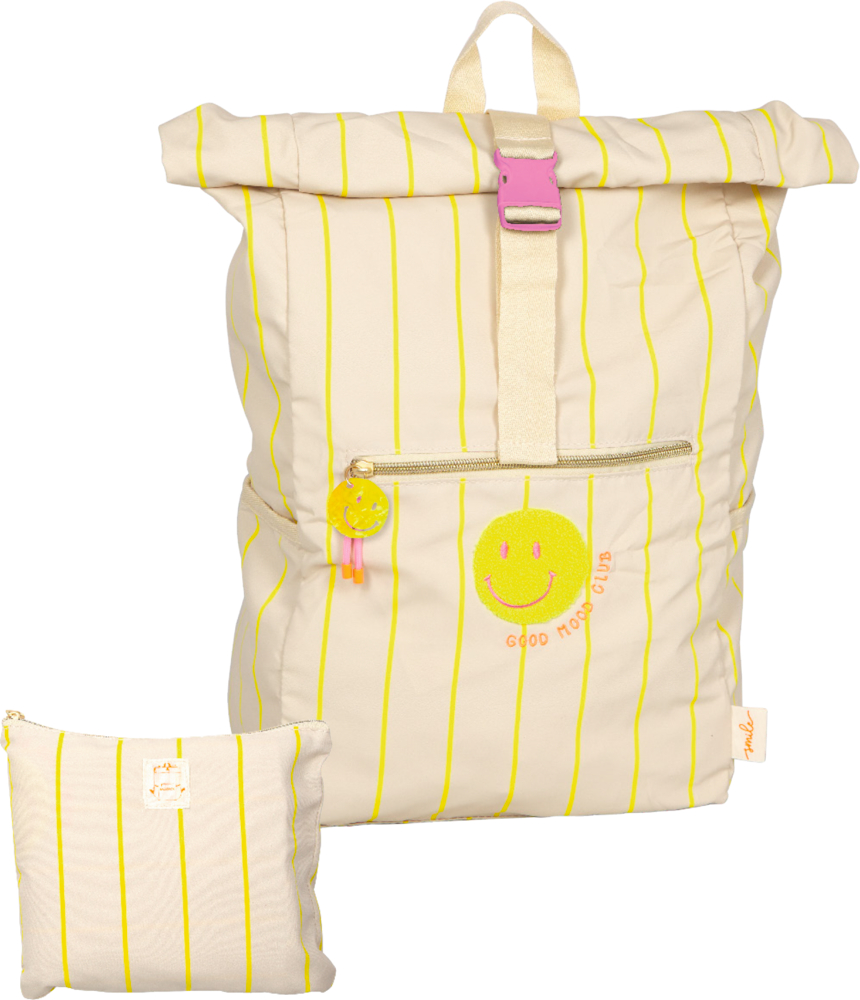 Cremefarbener und gelb gestreifter Rucksack mit Smiley-Gesicht und passendem Etui, beide mit Reißverschluss.