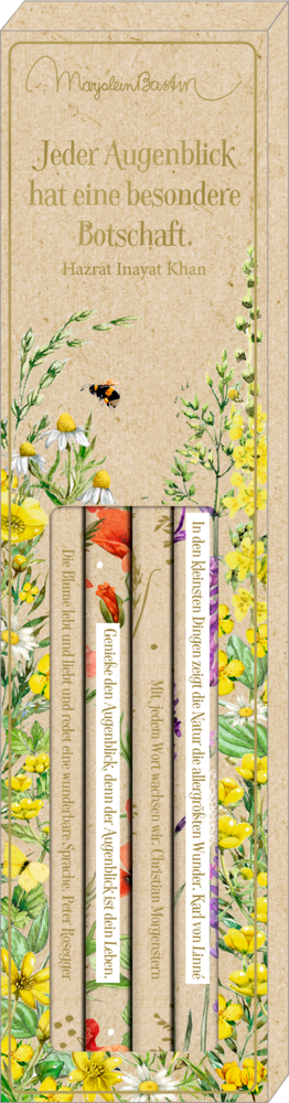 Bleistift-Set mit Sprüchen - NaturPur (Bastin) Bleistiftset in Geschenkverpackung mit Goldfolie und Sichtfenster umrandet mit illustrierten gelben Wildblumen.