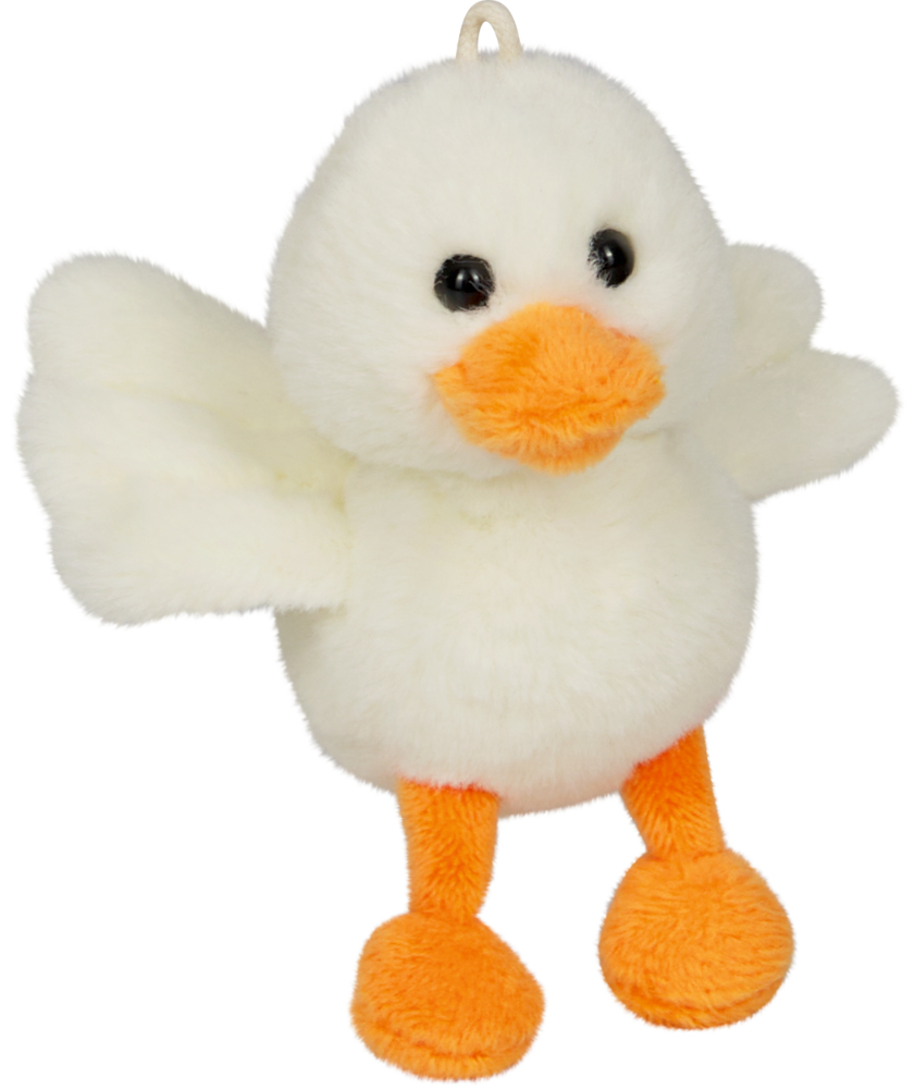 Weißes Plüschküken mit orangefarbenem Schnabel und Füßen, die Flügel sind ausgebreitet.